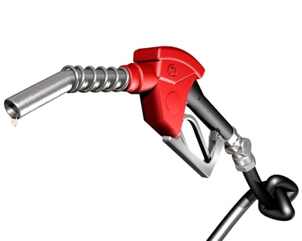 Isolated illustration of a dripping gasoline pump nozzle and hose with a knot tied in it
