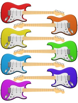 Isolated illustration of seven electric guitars in colors of the rainbow