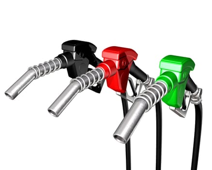 Isolated illustration of a diesel pump and two gasoline pump nozzles