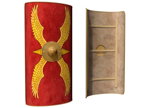Isolated illustration of a Roman shield viewed from the front and from behind