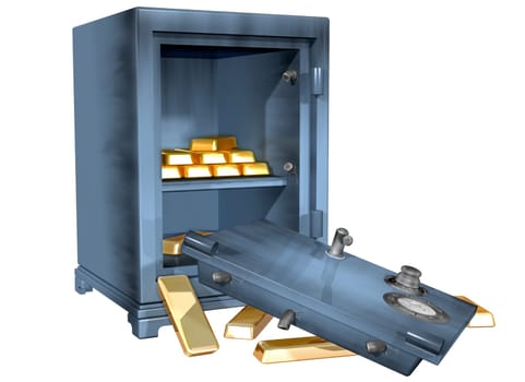 Isolated illustration of a safe that has been broken into containing gold bullion