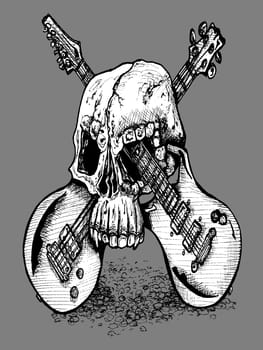 Line drawing of a skull and two crossed guitars on a grey background
