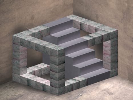 Illustration of an impossible geometric staircase in a mysterious room