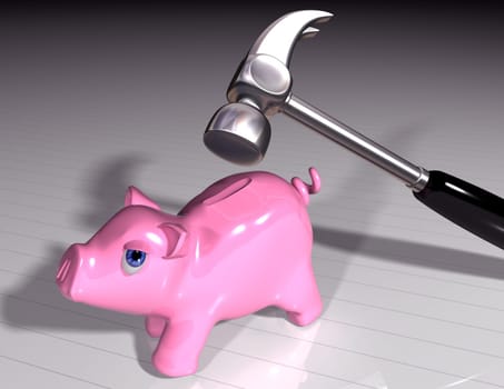 Illustration of a hammer bearing down on a cute piggybank