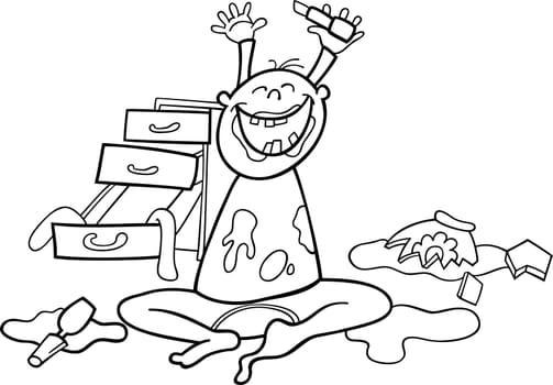 illustration of baby boy and mess for coloring book