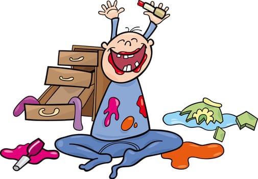 illustration of baby boy and terrible mess