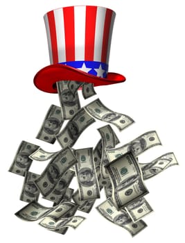 Isolated illustration of banknotes falling from Uncle Sam hat