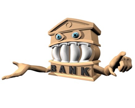 A Bank with one arm out stretched open handed waiting for money. The other hand is pointing directly at the onlooker.