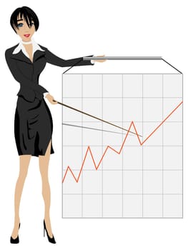 Business woman presenting a statistics page report, isolated objects over white background