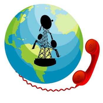 Red phone receiver connected to Earth. Conceptual communication icon