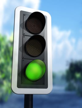 Illustration of a green traffic light on a country road