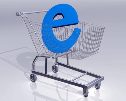 Illustration of a shopping cart with a large E symbol representing ecommerce