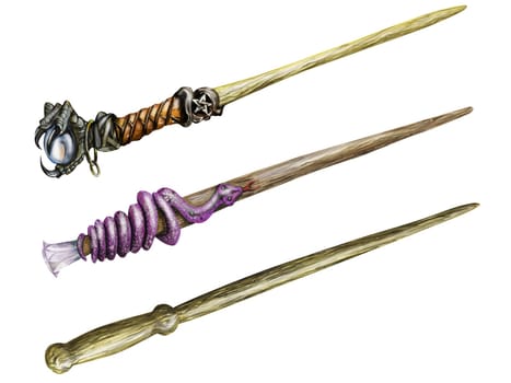 Illustration of three magical wands isolated on white