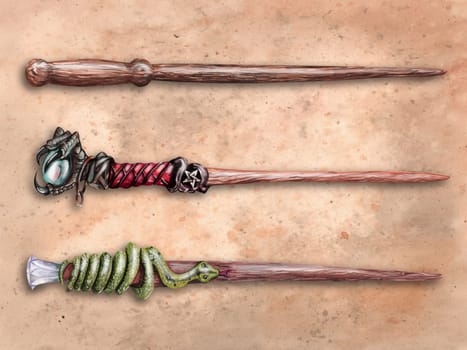 Three magical wizard wands on old parchment