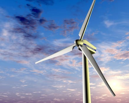 Illustration of a wind turbine with a setting sun in the background