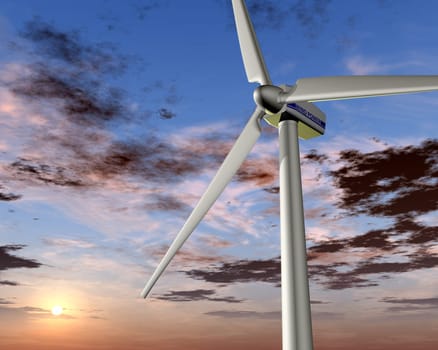Illustration of a wind turbine with a rising sun in the background