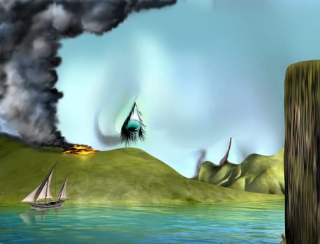 Original illustration of a surreal landscape merged with a beautiful woman