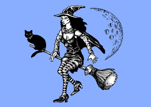 Illustration of a witch and her cat flying on a broomstick
