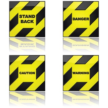 Set of glossy illustration showing four different warning signs, reflected on a white surface