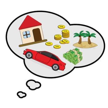 Cartoon illustration showing a thought bubble with things a person is wishing for: house, car, money and a tropical island