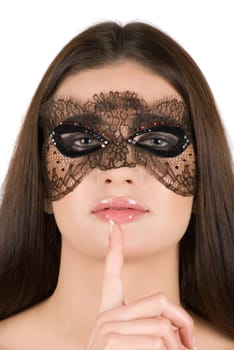 girl at mask closeup on a white background