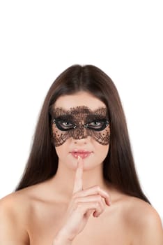 girl at mask closeup on a white background