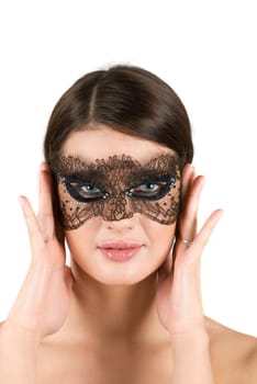 girl at mask closeup on a white background