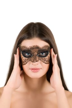 girl at mask closeup on a white background