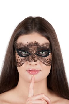 girl at mask closeup on a white background