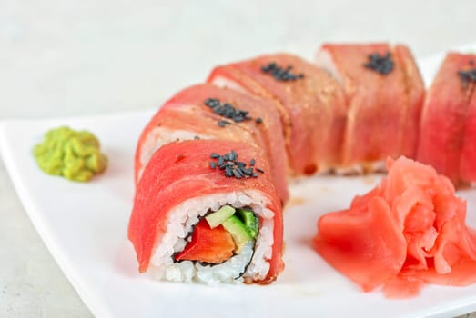 Fuji Sushi rolls made of tuna, pepper, avocado, cucumber