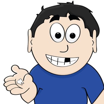 Cartoon illustration showing a boy displaying his tooth after losing it