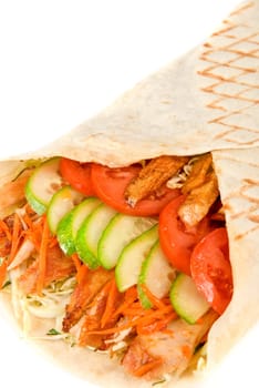 Doner kebab closeup on a white background.