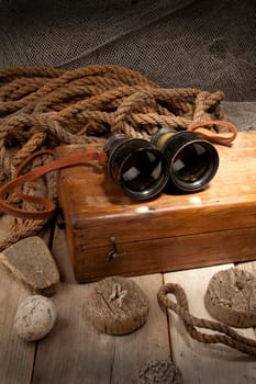 Antique binoculars on old wooden box