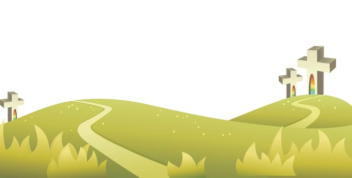 An illustration featuring  single cross sitting a top a hill