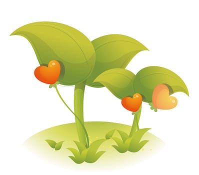 illustration drawing of leaves and heart in a white background