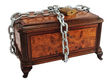 Old wooden treasure chest (or jewelry box) protected by metal chain, isolated on white.