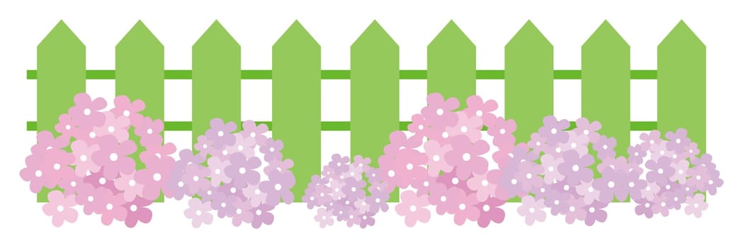 illustration drawing of purple flower and green fence in a white background