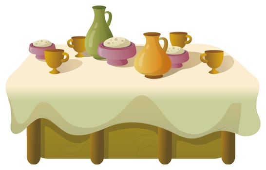 illustration drawing of food and drink on the dinner table