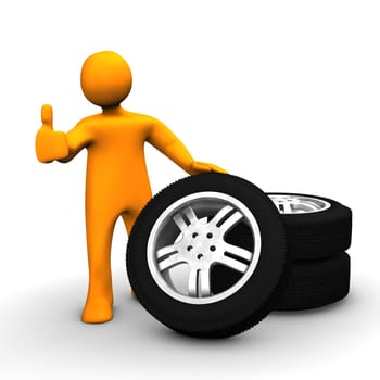 An orange cartoon with car rims on the white background.