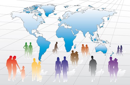 businessmen, couples and individuals on a map with all countries of the world