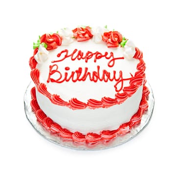 Birthday cake with white and red icing isolated on white