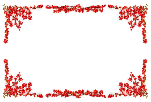 Red winterberry Christmas frame with holly berries on branches