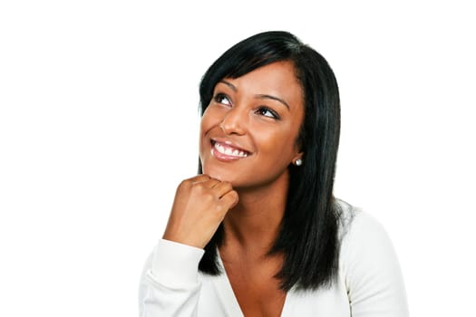 Smiling black woman looking up portrait isolated on white background