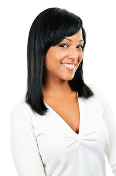Smiling black woman portrait isolated on white background