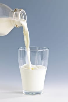 Pouring fresh white milk from bottle into a glass