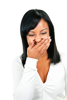Laughing black woman portrait isolated on white background