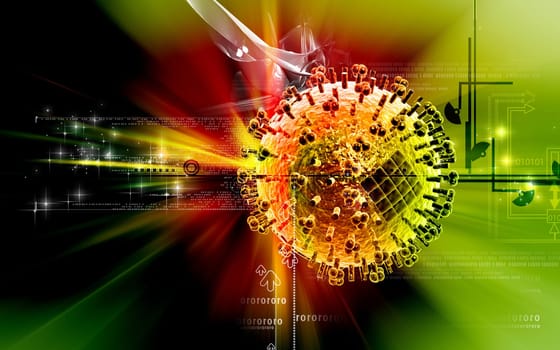 Digital illustration of influenza virus in colour background