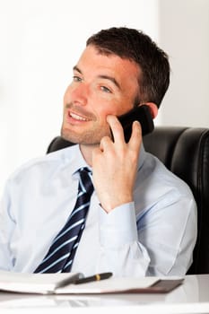happy businessman on the phone in office
