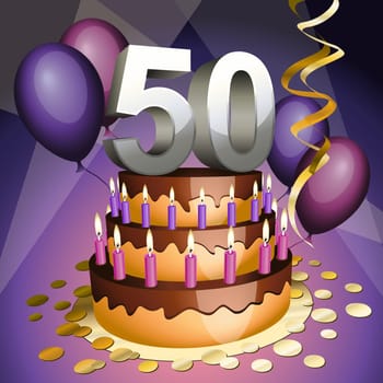Fiftieth anniversary cake with numbers, candles and balloons
