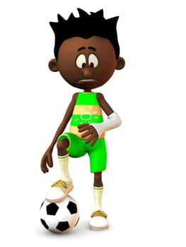 A black cartoon boy looking at his broken arm and looking very sad. He is resting his foot on a football. White background.